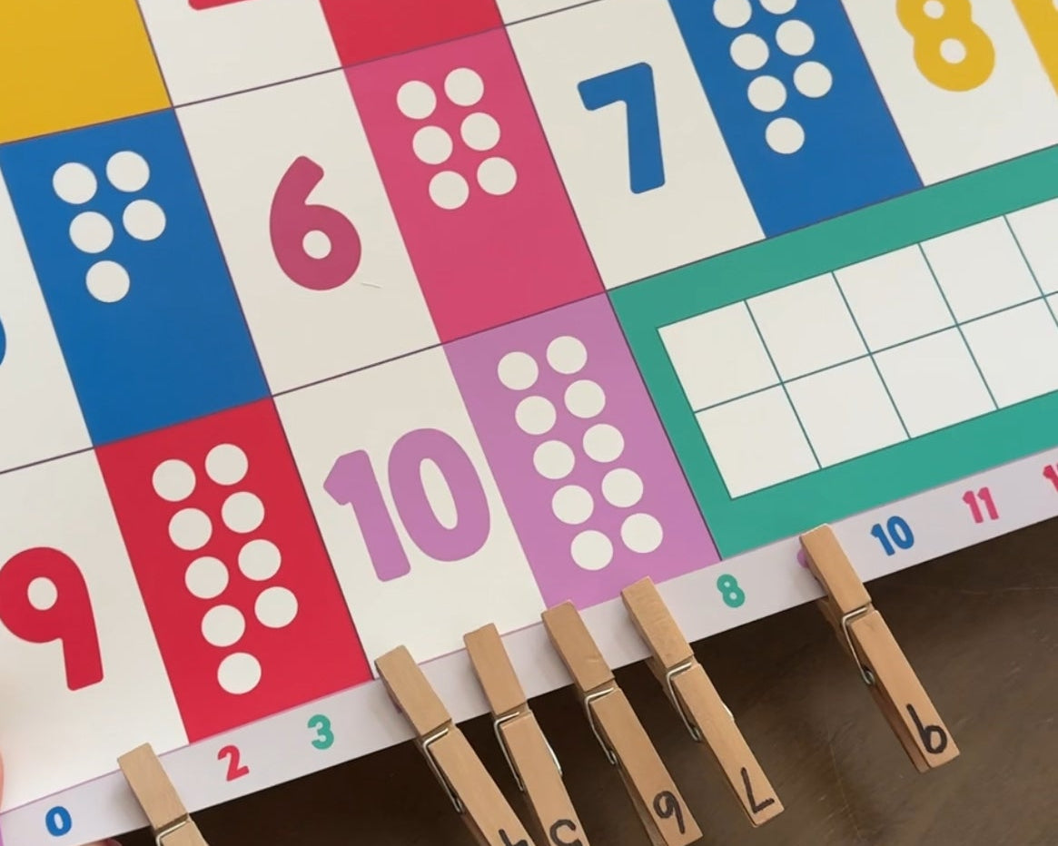 Child pinching numbered clothespins and matching them to the correct numbers on the number line printed along the edge of the Domino & Juliette Numbers Placemat.