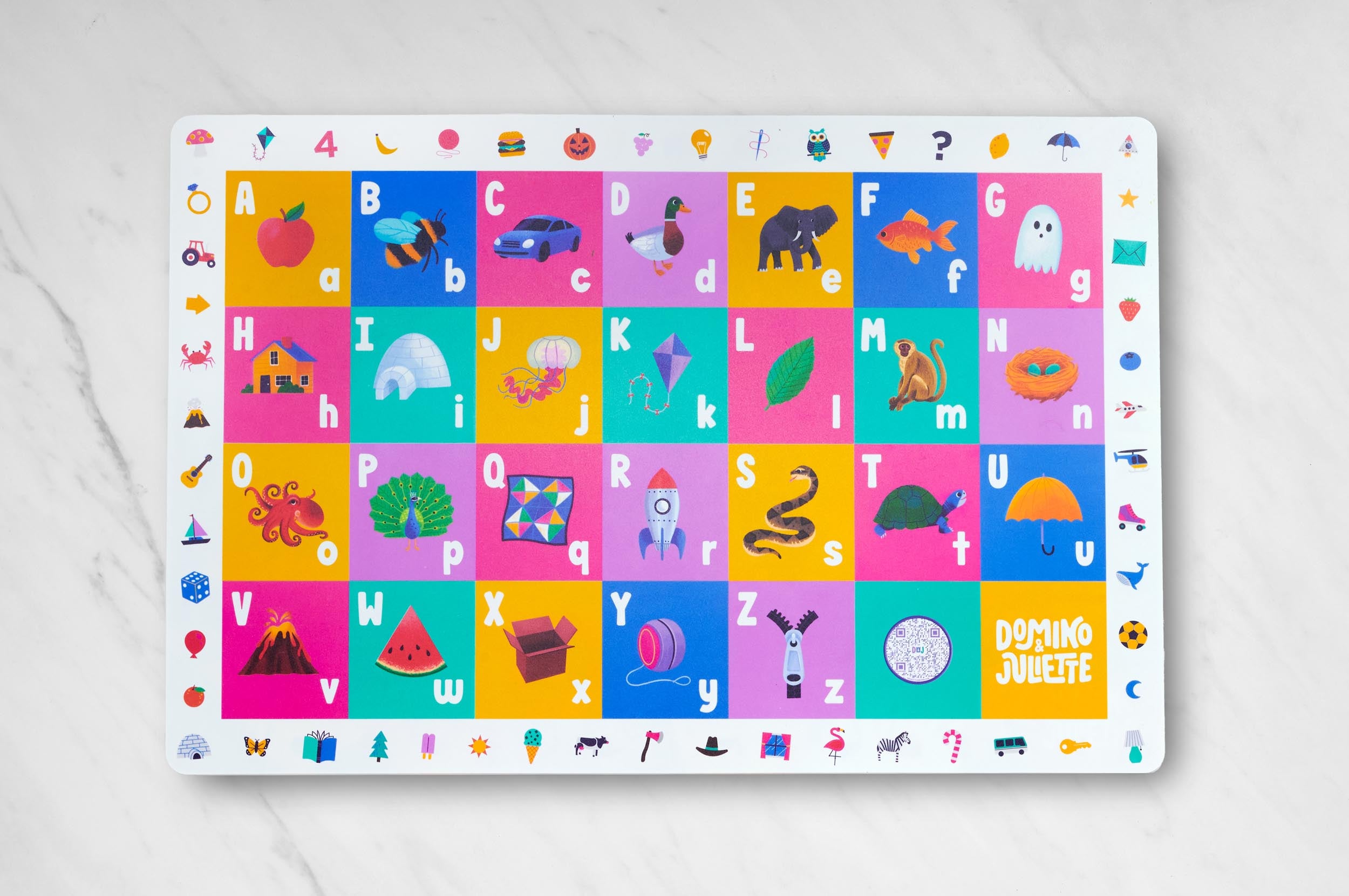 Phonics Placemat, Phonics Placemats, Phonics Sounds, Phonics Words, double-sided phonics placemat, alphabet letters placemat, phonics images on placemat, durable placemat for kids, easy to clean placemat for kids, educational activities for kids, placemats for children ages 6 months to 7 years