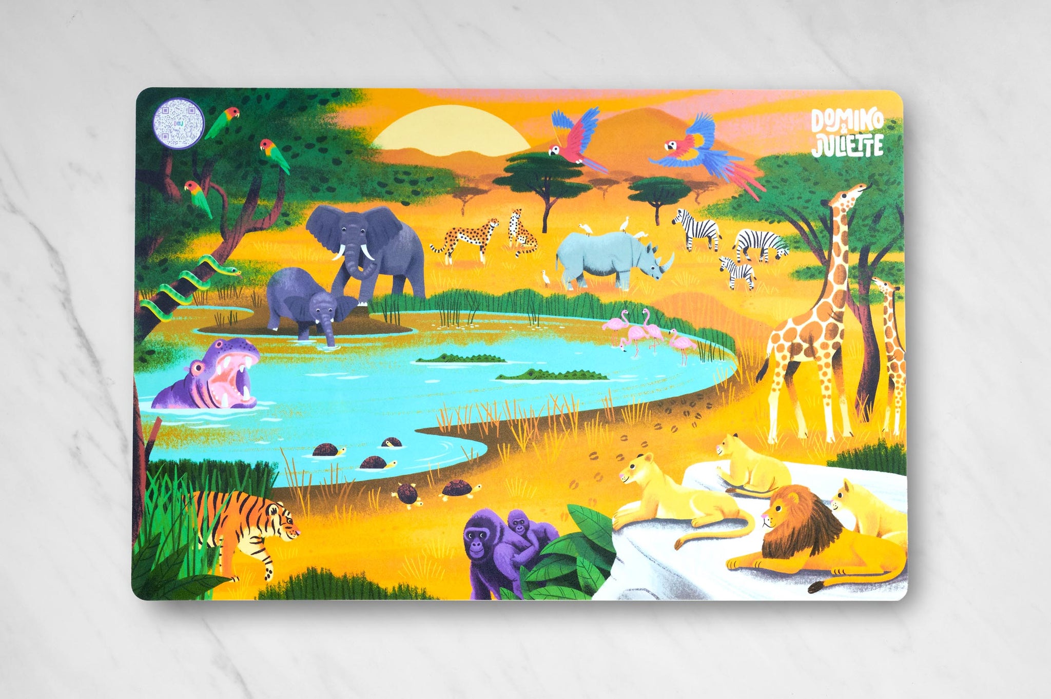 Safari placemat with playful illustrations for language development and early math skills, Safari Placemats, Scenic Safari placemat, Make mealtime fun and educational with this safari-themed placemat, Encourage imaginative play with this colorful Safari placemat, Scenic Safari placemat with simple learning prompts for cognitive development, Fun and educational activities to keep children entertained and engaged on the Safari placemat