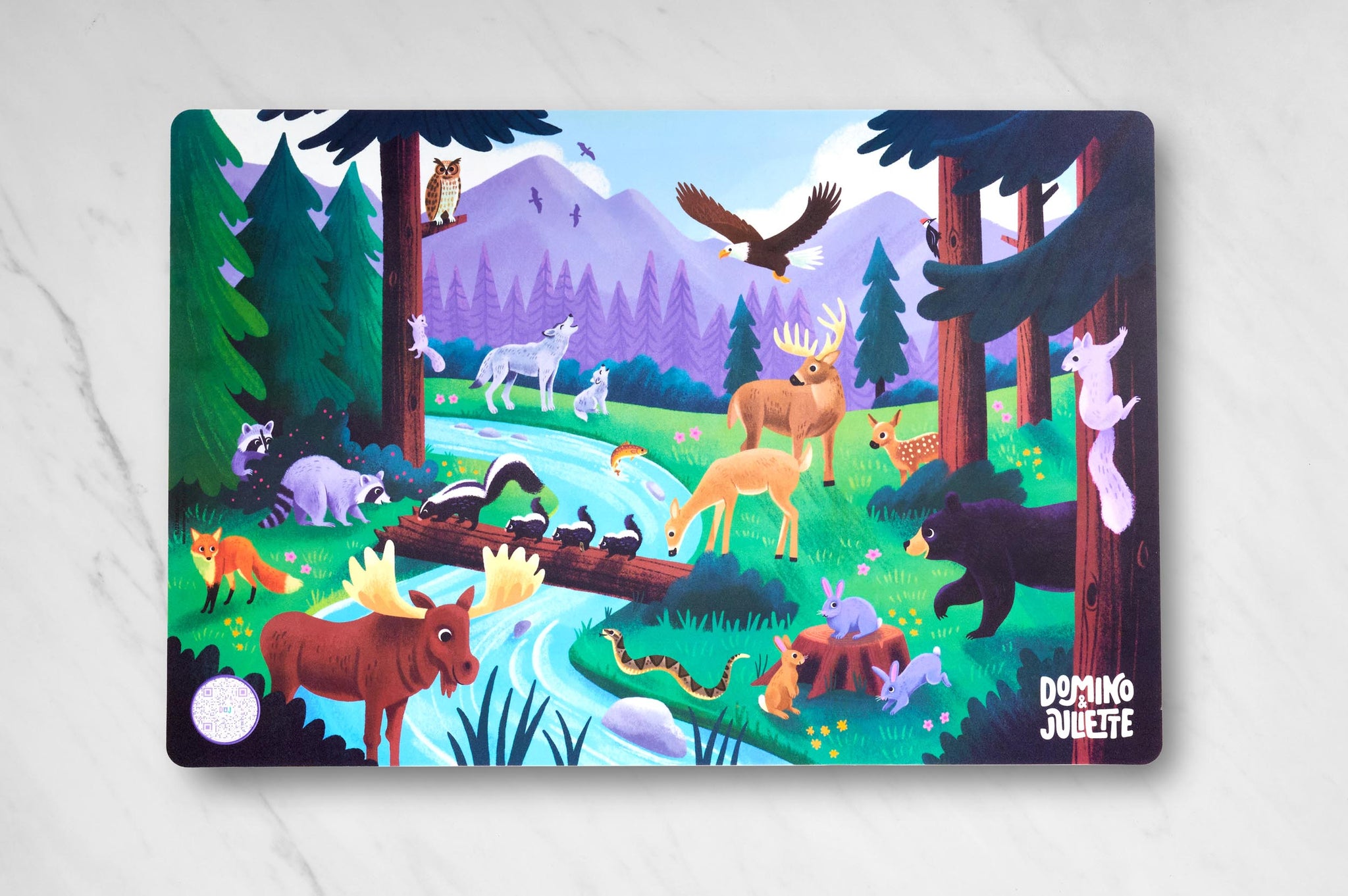 Walk in the Woods Placemat, Furry and feathered forest animal placemat, Walk in the woods placemat with forest animal illustrations, Encourages language development, early math skills, imaginative play, Perfect for indoor activities for 2-year-olds, preschoolers and kindergartners, Provides engaging and educational activities for children, Great ideas for what to play with 2-year-olds and what to do with a 19-month-old at home.