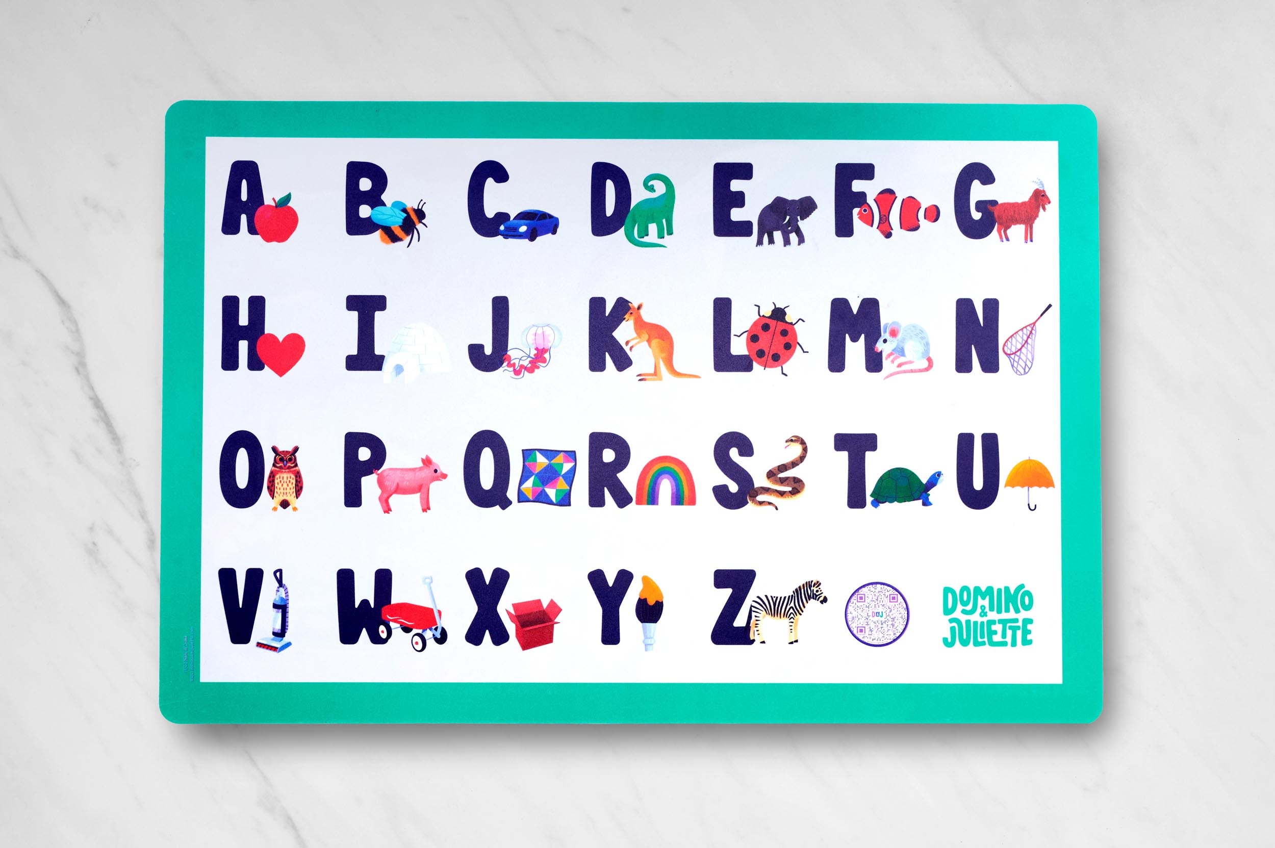 Alphabet Placemat for Kids, Alphabet Placemat, Alphabet Placemats, ABC Placemat, ABC Placemats, Placemat featuring simple phonics illustrations, engaging placemat for two year olds, placemats for children, kids playing with placemat.